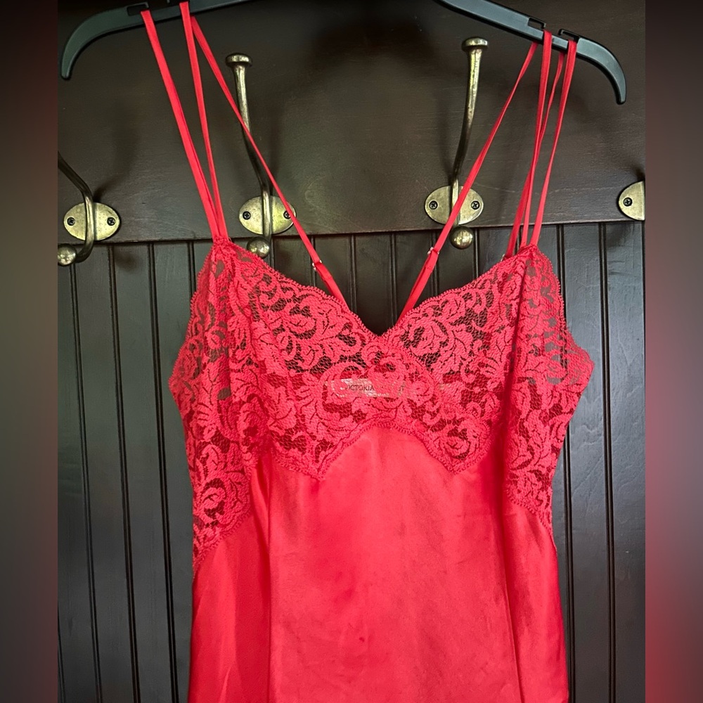 Y2K VICTORIAS SECRET Babydoll Cherry Red Lace Trim Mini Slip Dress Coquette Sz M - Picture 5 of 9